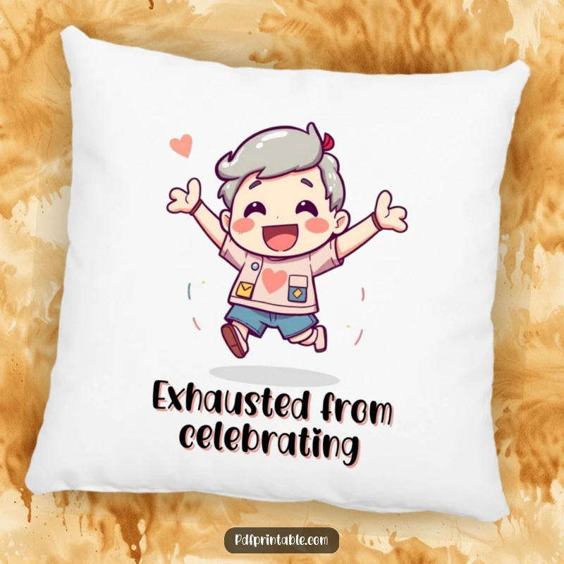 Funny Pillow featuring a character bouncing with excitement after finishing a fun and rewarding project, adding cheer.