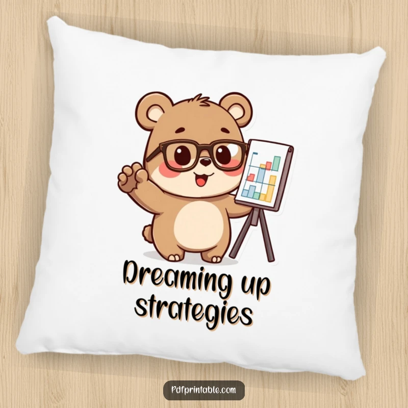 A bear wearing glasses, excitedly pointing at a chart, featured on a soft pillow, funny gift.