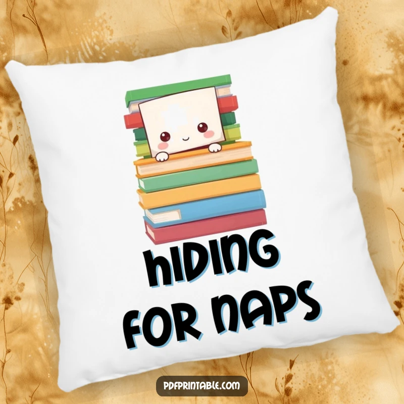 Funny Pillow featuring a paper character peeking from behind colorful pages, symbolizing comfort, reading, and playful discovery.