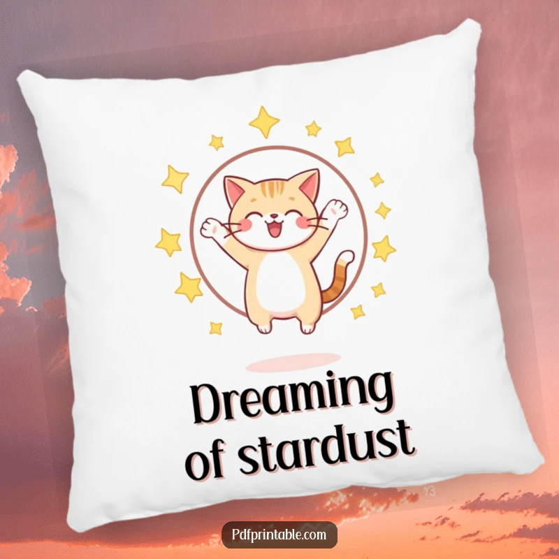 Funny cat jumping through a sparkling star hoop, offering plush humor and cosmic comfort on a decorative pillow.