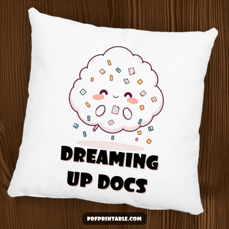 Funny Pillow: A cute cloud character raining document icons, offering cozy comfort and a humorous take on office tasks.