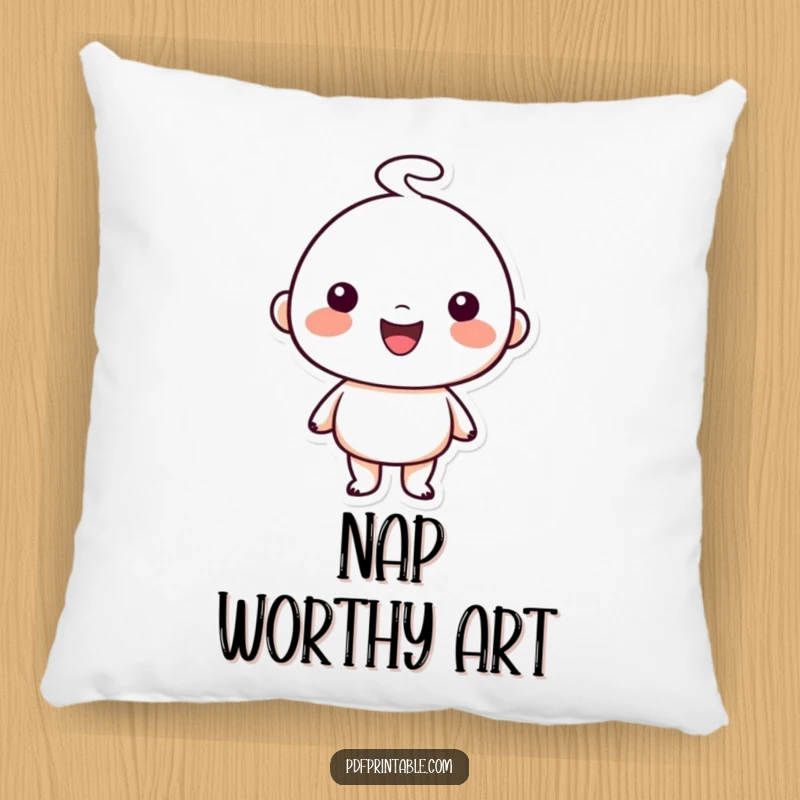 Funny Pillow: Happy character showing off a simple charming doodle artwork, symbolizing creativity and artistic expression, a soft funny gift.