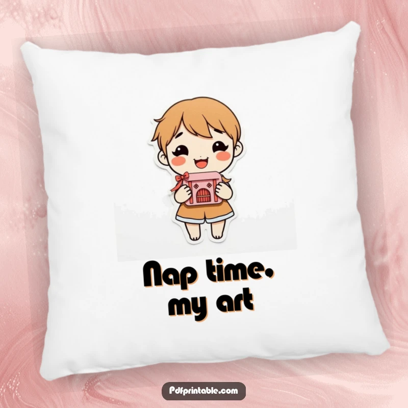 Funny Pillow featuring a smiling character proudly holding an intricate, finished paper craft, symbolizing artistic achievement and joy.