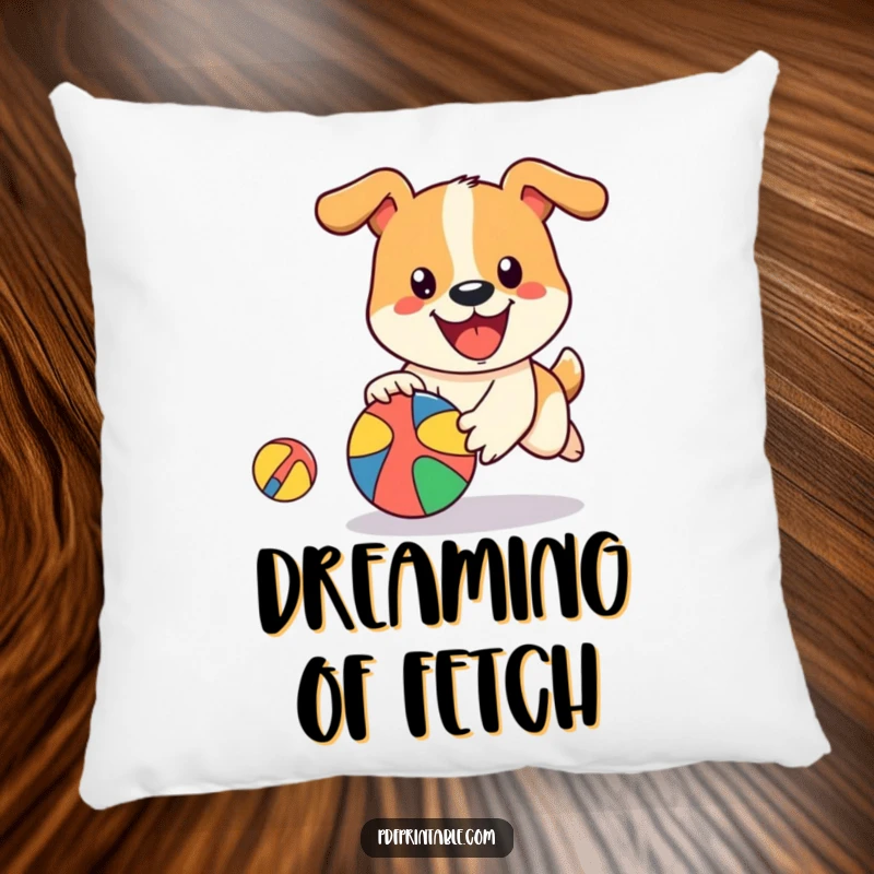 Funny Dog Ball Pillow with a happy dog character playfully chasing a bouncing, colorful ball, offering cute and cozy decorative appeal.