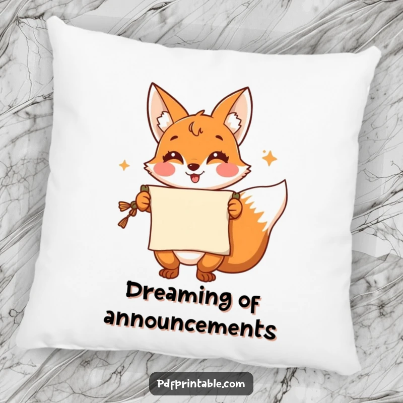 Funny Pillow: A soft pillow featuring a cheerful fox presenting a scroll with a flourish, perfect for comfortable lounging and witty inspiration.