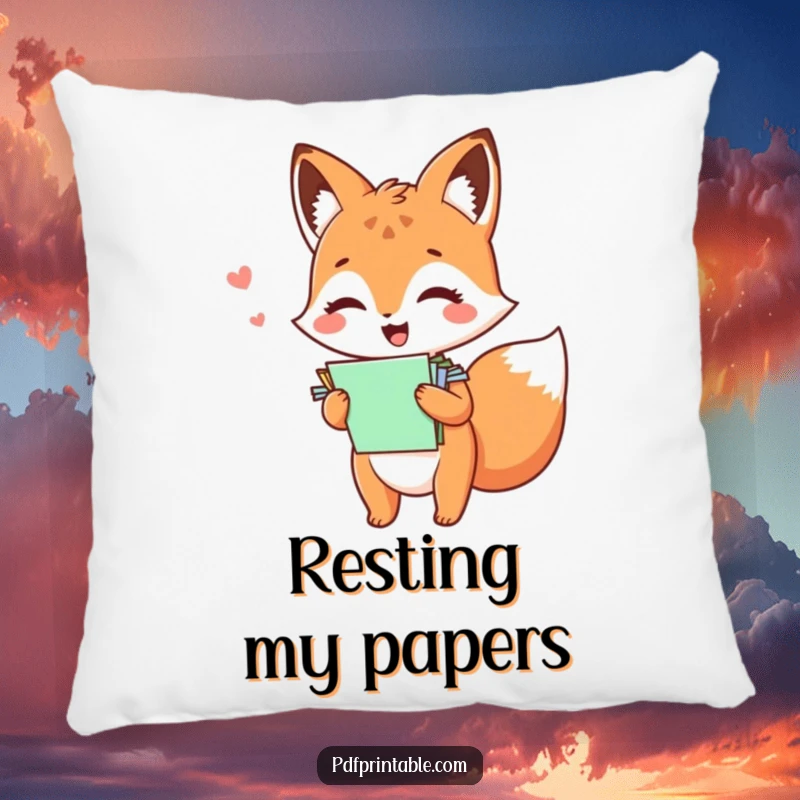 Funny kawaii fox giggling with colorful papers, bringing playful charm to this plush pillow.