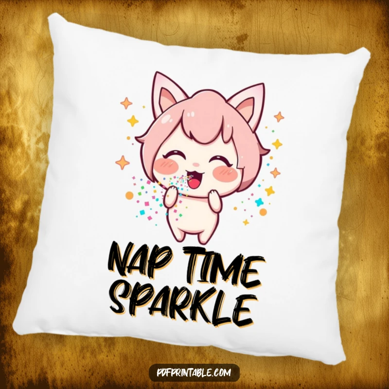 Funny Kawaii glitter pillow featuring a happy character blowing a beautiful stream of colorful glitter, providing cozy and sparkly comfort.