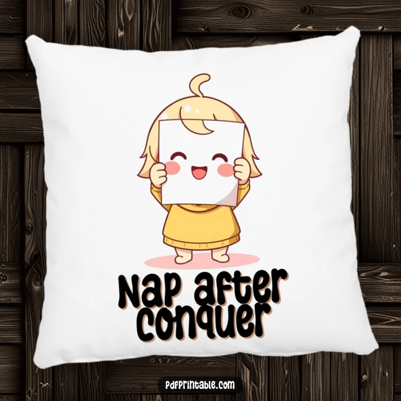 Funny pillow featuring a cute, smiling character holding a printed page, embodying cozy success and happiness.
