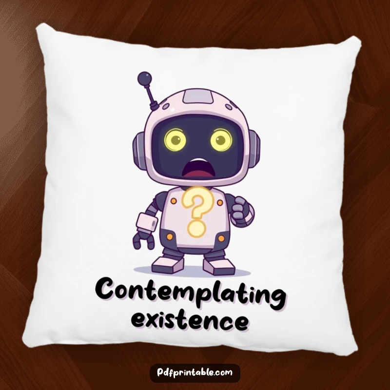 Funny Pillow showcasing a surprised robot character holding a large, glowing question mark, perfect for adding comfort.