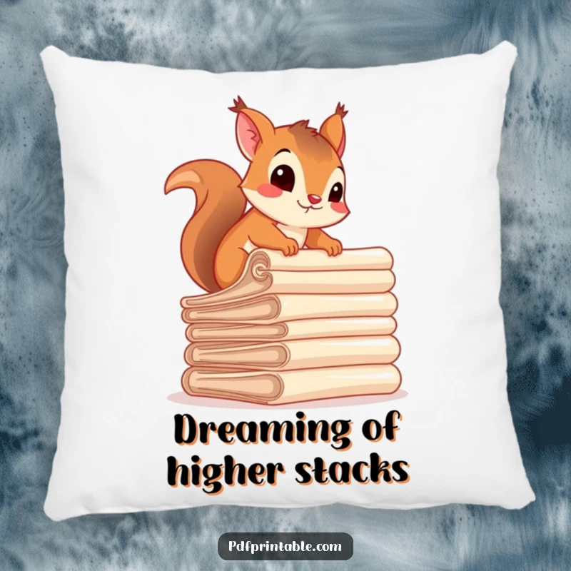 Funny squirrel character resting on top of a stack of rolled documents, looking cozy and content, a humorous pillow.