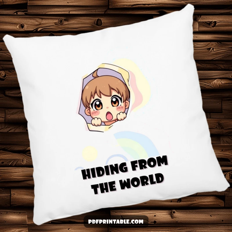 Funny pillow featuring a surprised character peeking from a colorful page, embodying cozy fun and playful mystery.