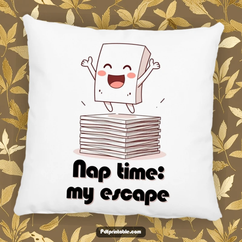 Funny Pillow showcasing an excited paper character joyfully leaping from a pile of papers. Soft decor for a playful atmosphere.