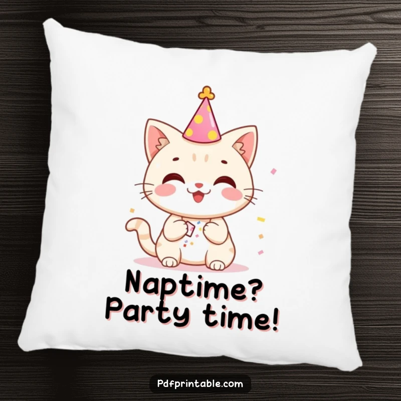 Funny happy cat in a party hat relaxing on a pillow, a humorous and cozy addition to any room.