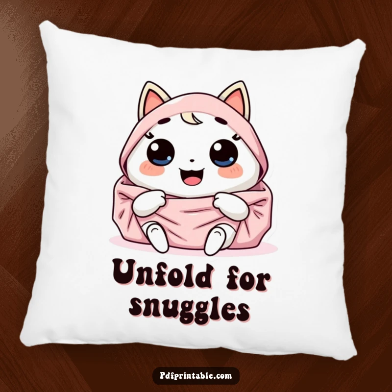 Funny Pillow: Giggling Kawaii character joyfully unfolds a large, colorful design. An amusing and comfortable funny gift.