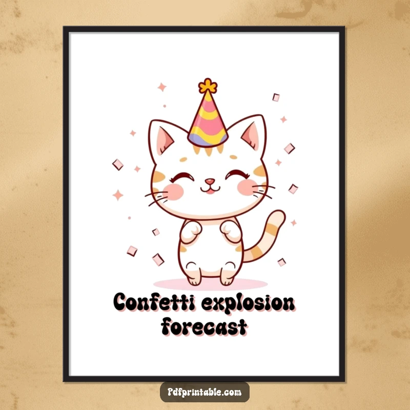 Funny kawaii cat wearing a party hat, joyfully celebrating with a cascade of confetti, perfect for digital wall art.