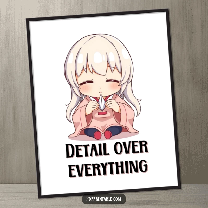 Funny Digital Art Print of a character with intense focus meticulously folding a tiny paper crane, celebrating the art of origami.