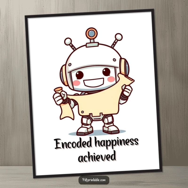 Funny grinning robot holding an unfurled scroll with a smile, as digital art, perfect funny gift.