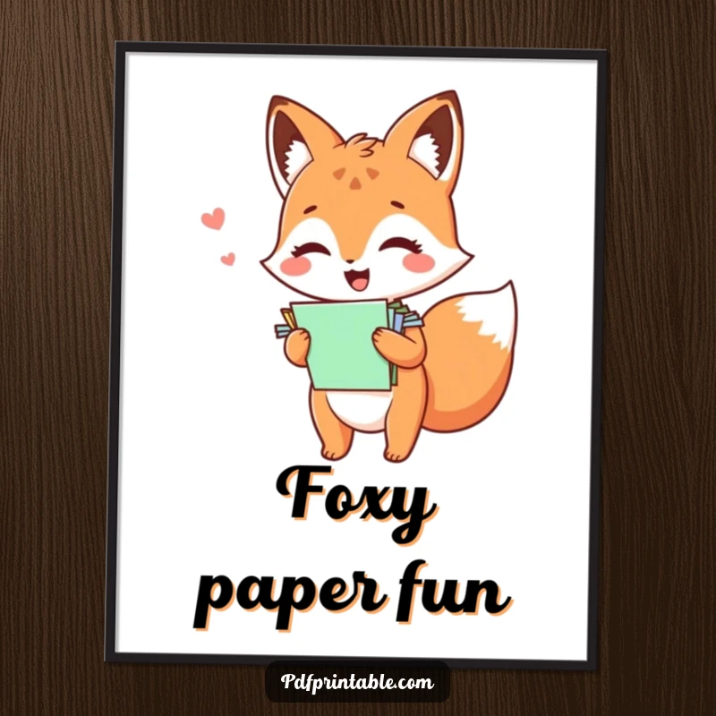 Funny kawaii fox giggling while holding a stack of colorful papers, perfect for playful digital wall art.