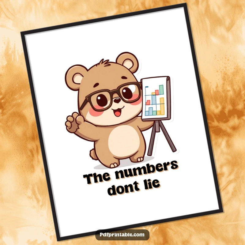 Funny bear wearing glasses, excitedly pointing at a chart, as digital art, perfect funny gift.