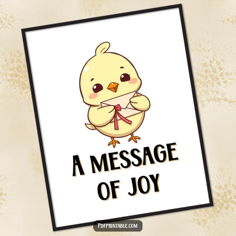 Funny Bird Letter Digital Art Print of a cheerful bird character delivering a tiny, folded letter with a ribbon, perfect for uplifting wall decor.