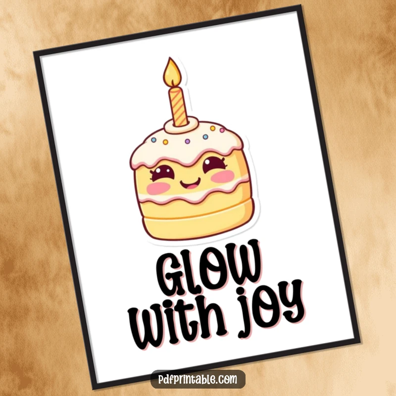Funny birthday digital art print of a tiny, smiling cake character with a lit candle, offering immediate festive cheer.