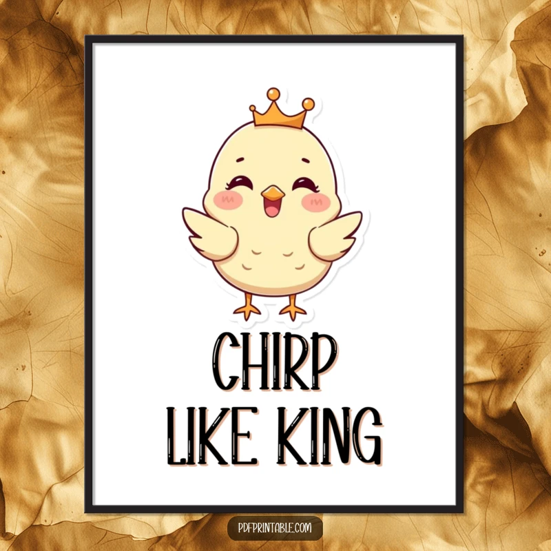 Funny Chick Digital Art: A happy chick wearing a tiny crown chirps, offering a downloadable piece of regal, humorous charm.