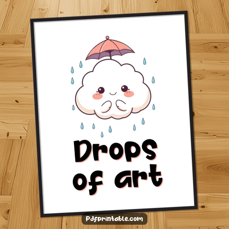 Funny Digital Art Print: A high-resolution image of a cute cloud character with an umbrella catching raindrops, for whimsical decor.