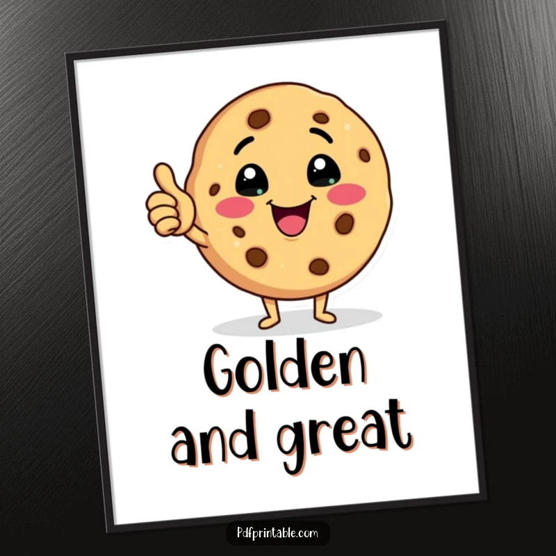 Funny cookie digital art print of a happy cookie character giving a cheerful wink and a thumbs up, radiating positivity.