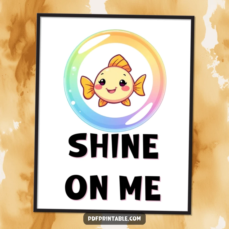 Funny Fish Digital Art: A smiling fish swims through a rainbow bubble, offering a downloadable piece of vibrant, humorous underwater beauty.