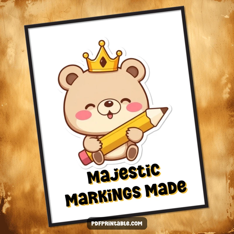 Funny Digital Art Print: Giggling bear king with a crown and giant pencil, radiating royal charm and creative humor.