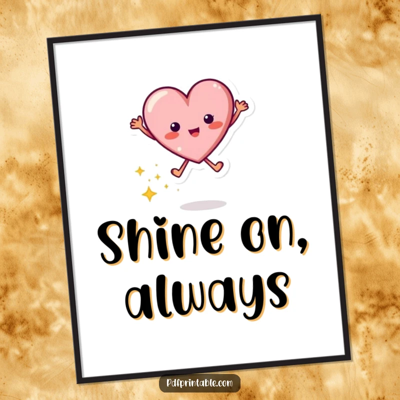 Funny digital art print of a lively jumping heart character leaving a trail of shimmering sparkles, symbolizing love and excitement.