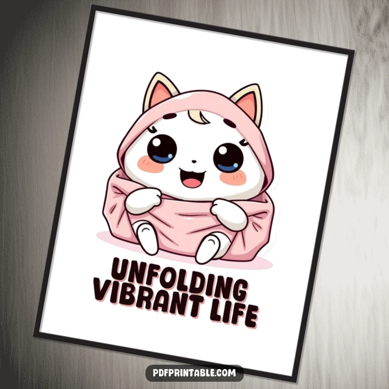 Funny Digital Art Print: Giggling Kawaii character joyfully unfolds a large, colorful design. Unique funny gift.