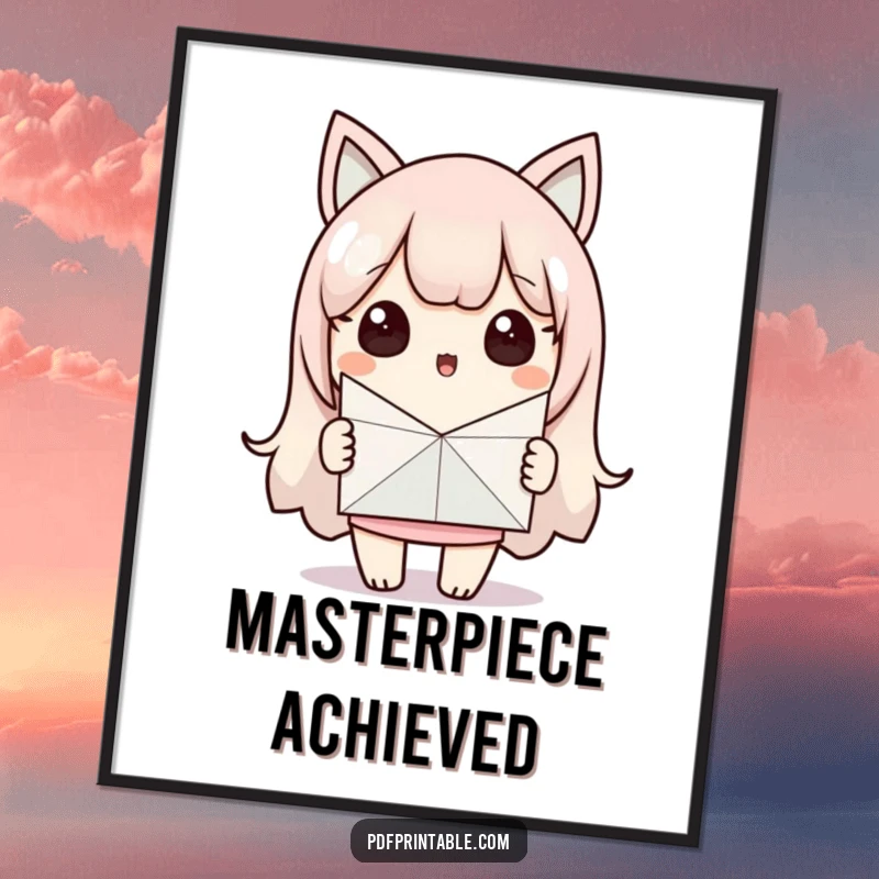 Funny Digital Art Print: Surprised Kawaii character beaming proudly with a finished paper craft. Unique funny gift.