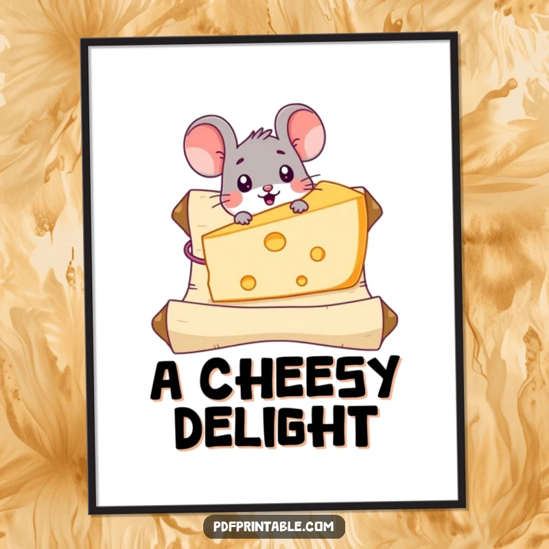 Funny Mouse Cheese Digital Art Print of a surprised mouse character discovering a giant piece of cheese on a scroll, perfect for whimsical wall decor.