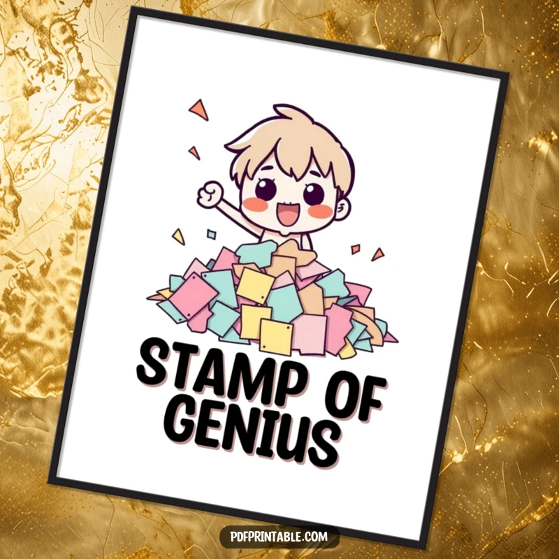 Funny digital art print of a character stamping documents, conveying enthusiasm and humor for printable wall decor.