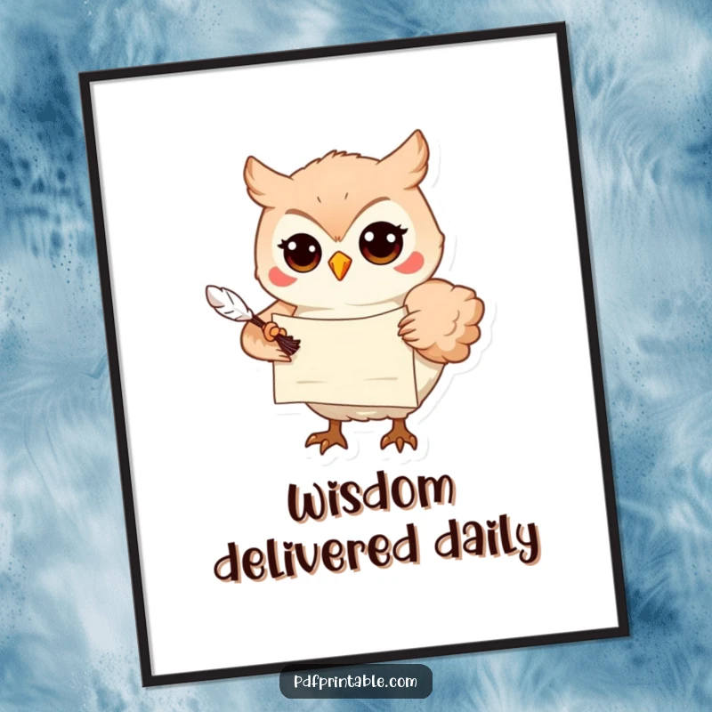 Funny Digital Art: A playful owl with a scroll and quill delivers wisdom, perfect for instant, scholarly, and humorous decor.