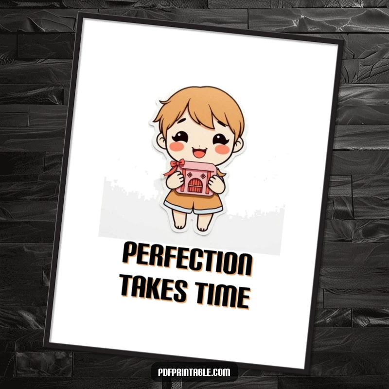 Funny Digital Art Print of a smiling character proudly holding a beautiful, intricate finished paper craft, embodying artistic achievement.