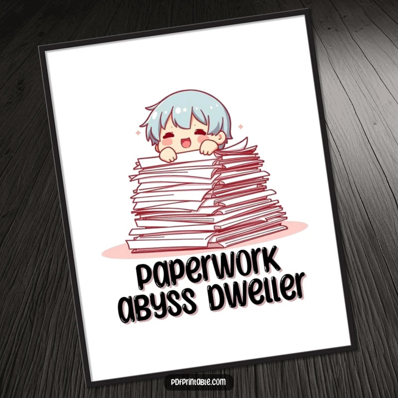 Funny digital art print of a character comically falling out of a huge stack of papers, symbolizing workplace chaos and humor.