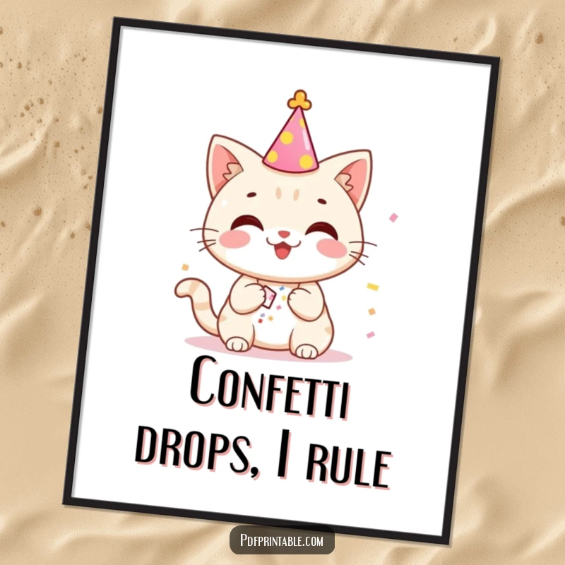 Funny happy cat in a party hat popping confetti, vibrant digital art print for festive and humorous decor.