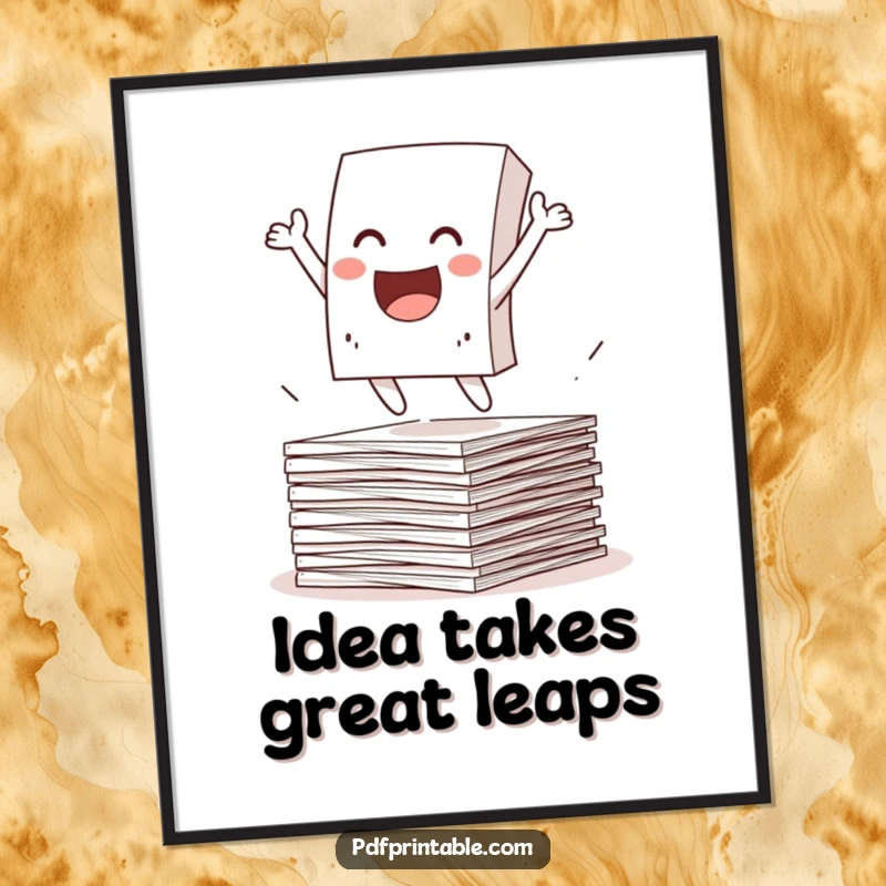 Funny Digital Art Print of a happy paper character joyfully leaping from a stack of papers. High-quality art for a humorous and energetic ambiance.