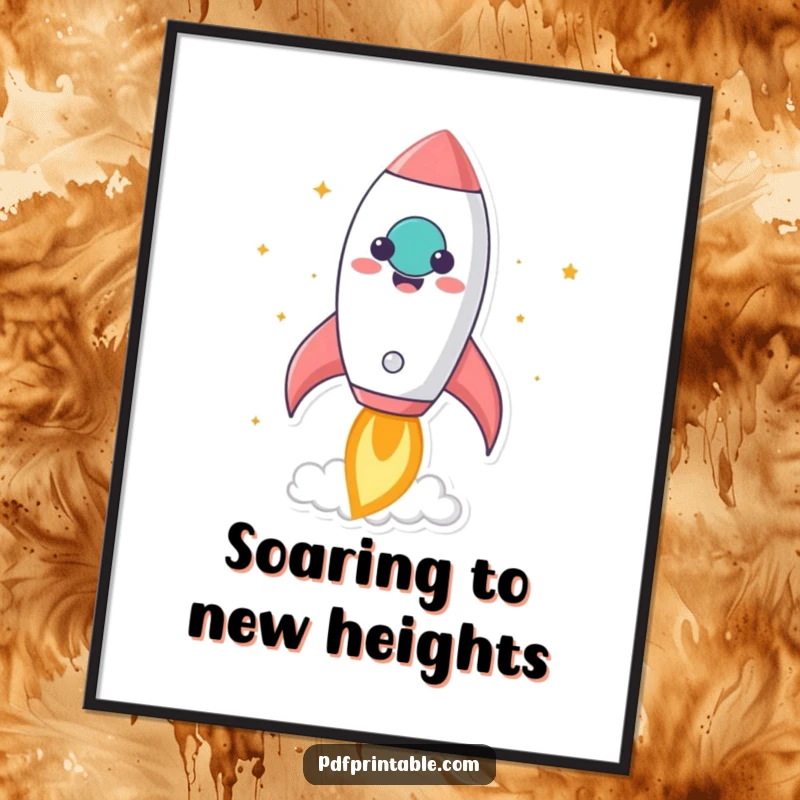 Funny kawaii rocket character blasting off from a smiling paper, available as a digital print for humorous inspiration and decor.