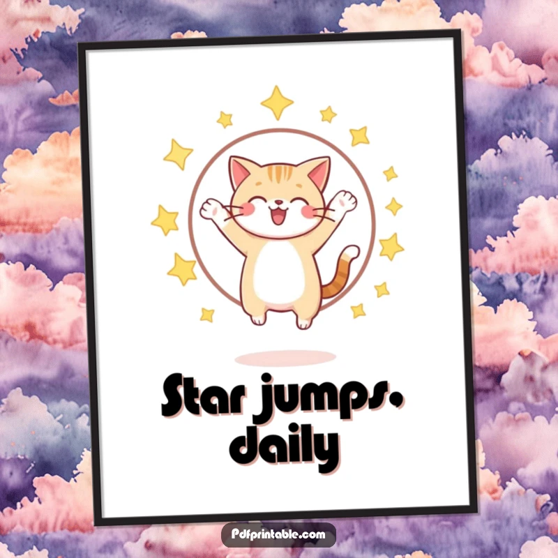 Funny cheerful cat jumping through a hoop of sparkling stars, available as a digital art print for magical decor.