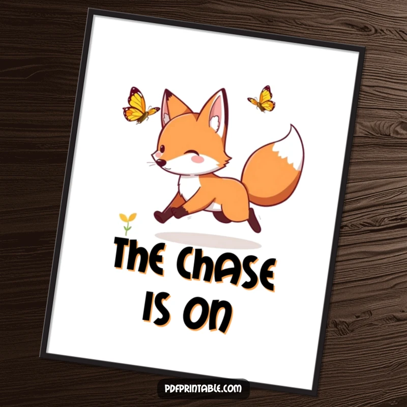 Funny playful fox chasing a fluttering butterfly, available as a digital art print for whimsical decor.