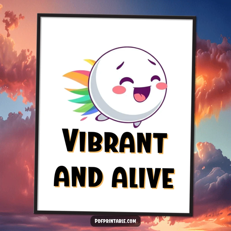 Funny digital art print of a lively bouncy ball character leaving a colorful streak, symbolizing energy and fun.