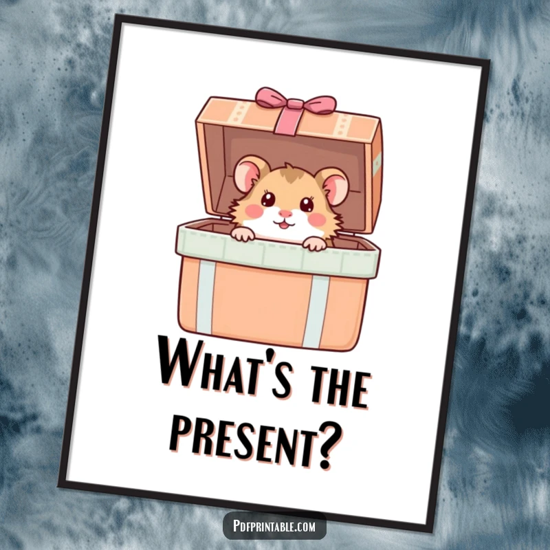 Funny Hamster Digital Art: A curious hamster peeks from a giant gift box, a humorous and intriguing printable wall decor.