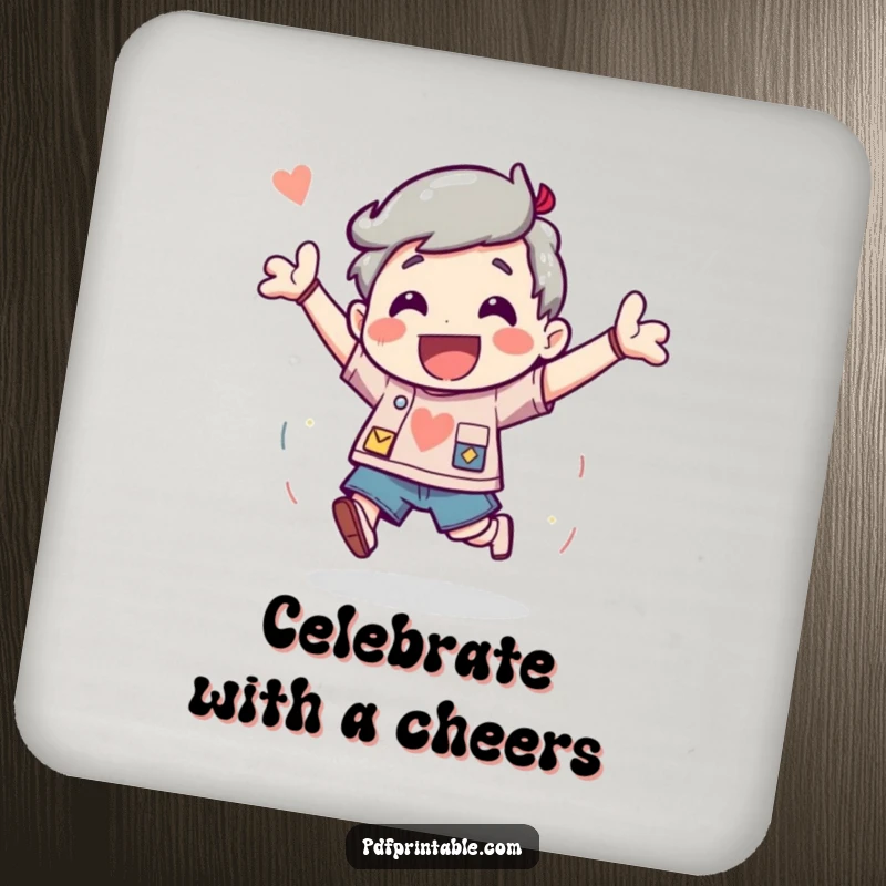 Funny Drink Coaster featuring a character bouncing with excitement after completing a fun project, celebrating success.