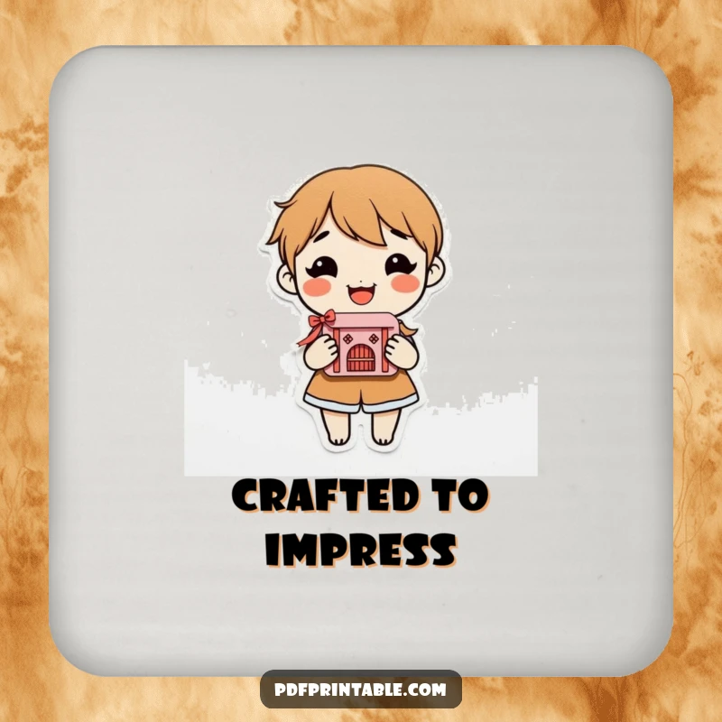 Funny Drink Coaster with a smiling character proudly holding an intricate, finished paper craft, symbolizing artistic success.