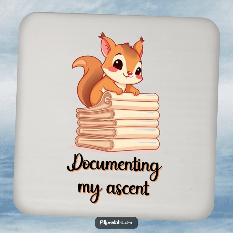 Funny squirrel character climbing a small stack of rolled documents on a drink coaster, adding humor to home decor.