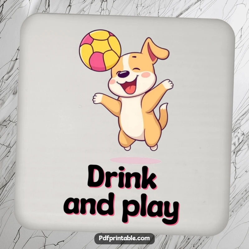 Funny happy dog bouncing a colorful ball high in the air sits on a drink coaster, adding a touch of playful humor.
