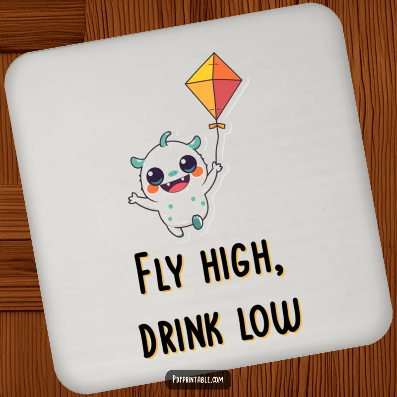 Funny Drink Coasters: A set of coasters featuring a cheerful monster character flying a colorful kite, for playful protection.